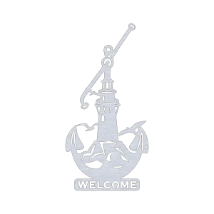 Aluminum nautical wall sign with an elegant design featuring an anchor at the top, a central lighthouse, and two seagulls with wings outstretched. The word ‘WELCOME’ is prominently displayed at the bottom center. The sign is precision-cut with smooth edges, offering a clean and modern look, ideal for any coastal-themed décor.